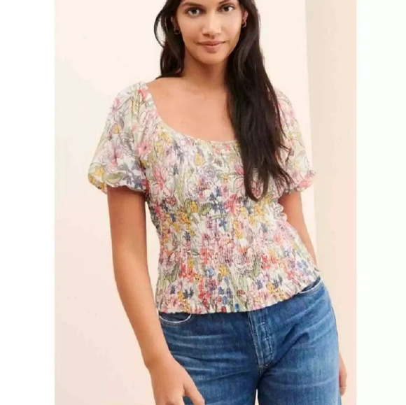 By Anthropologie Aurelia Floral Smocked Top Blouse with Puff Sleeves Large - Picture 16 of 16